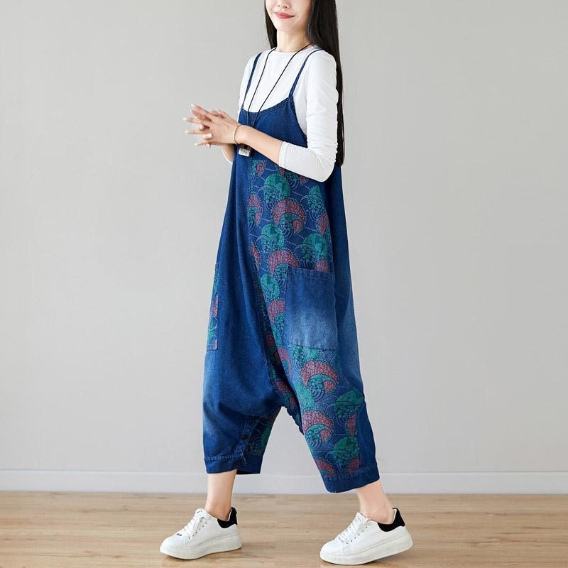 Automne Denim Bib Loose Hanging Retro Imprimé Jupe Jumpsuit