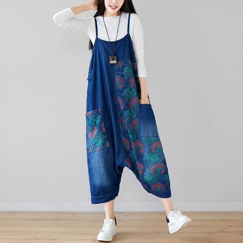 Automne Denim Bib Loose Hanging Retro Imprimé Jupe Jumpsuit