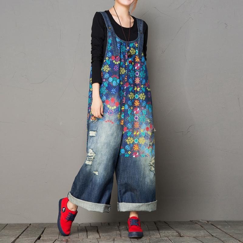 Automne Loose Washed Hole Printing Vintage Denim Jumpsuit