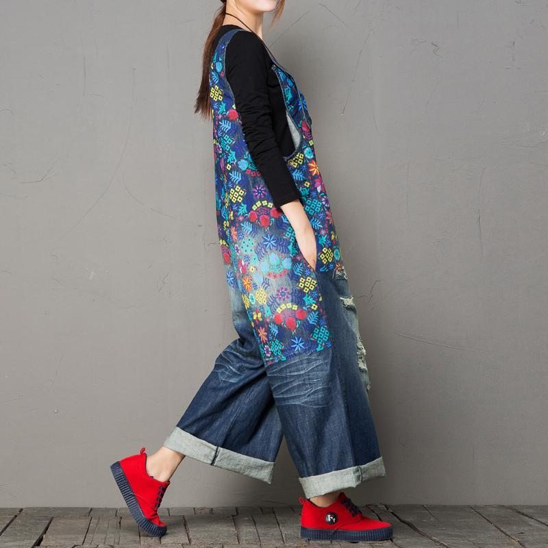 Automne Loose Washed Hole Printing Vintage Denim Jumpsuit