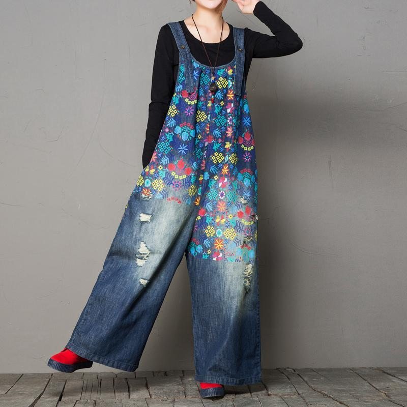 Automne Loose Washed Hole Printing Vintage Denim Jumpsuit