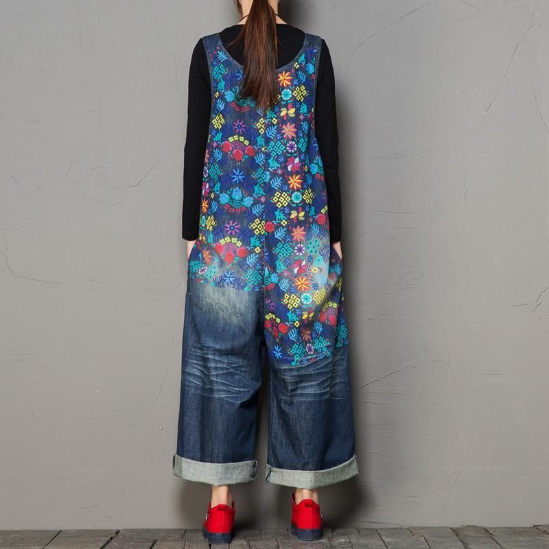 Automne Loose Washed Hole Printing Vintage Denim Jumpsuit