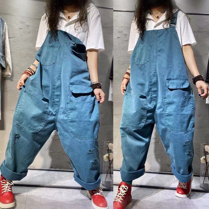 Combinaison En Denim De Coton À Jambe Large Rétro D'été Grande Taille