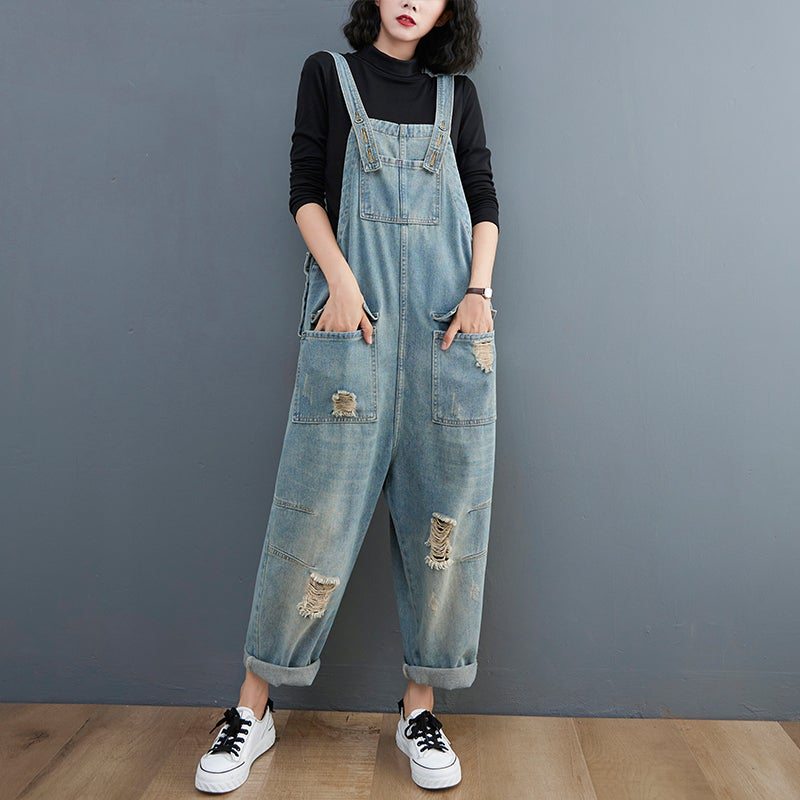 Combinaison En Denim Déchiré Patchwork Lâche Rétro Pour Femme Printemps