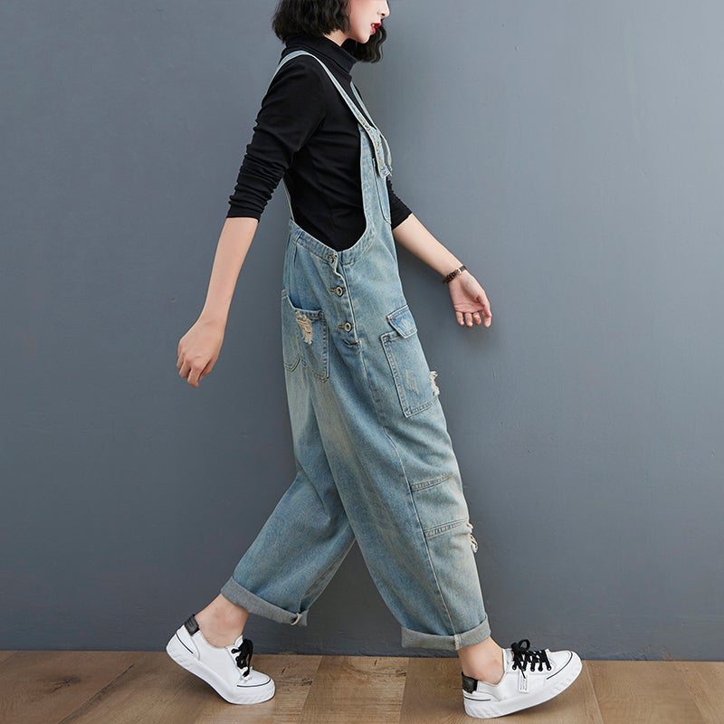 Combinaison En Denim Déchiré Patchwork Lâche Rétro Pour Femme Printemps