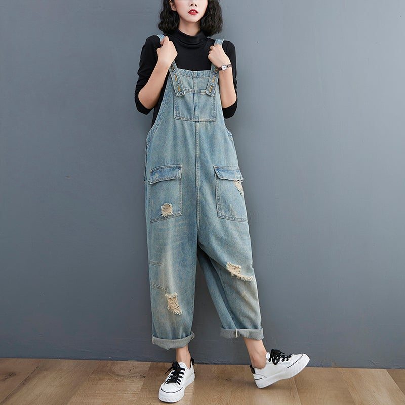 Combinaison En Denim Déchiré Patchwork Lâche Rétro Pour Femme Printemps