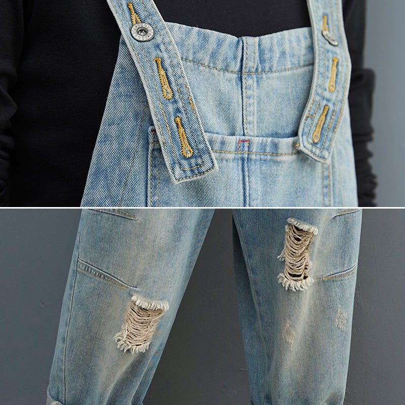 Combinaison En Denim Déchiré Patchwork Lâche Rétro Pour Femme Printemps