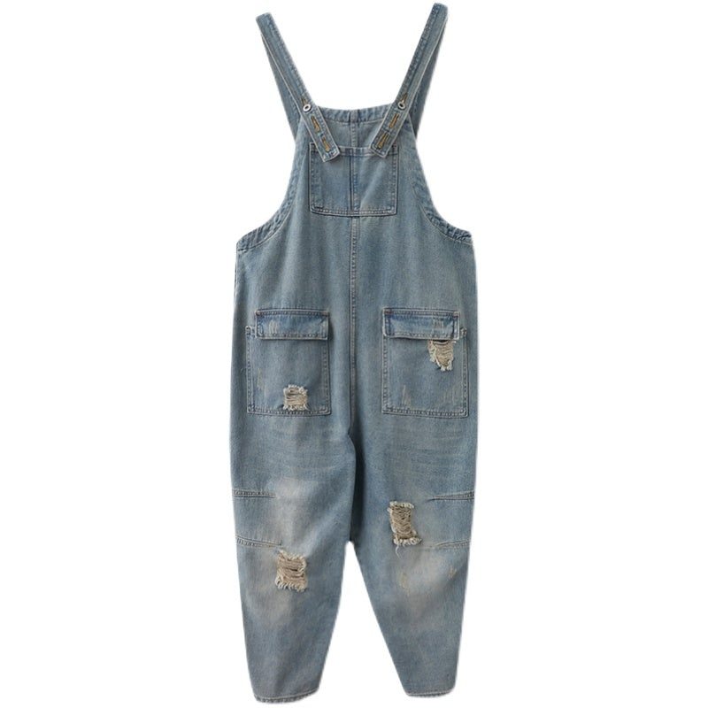 Combinaison En Denim Déchiré Patchwork Lâche Rétro Pour Femme Printemps