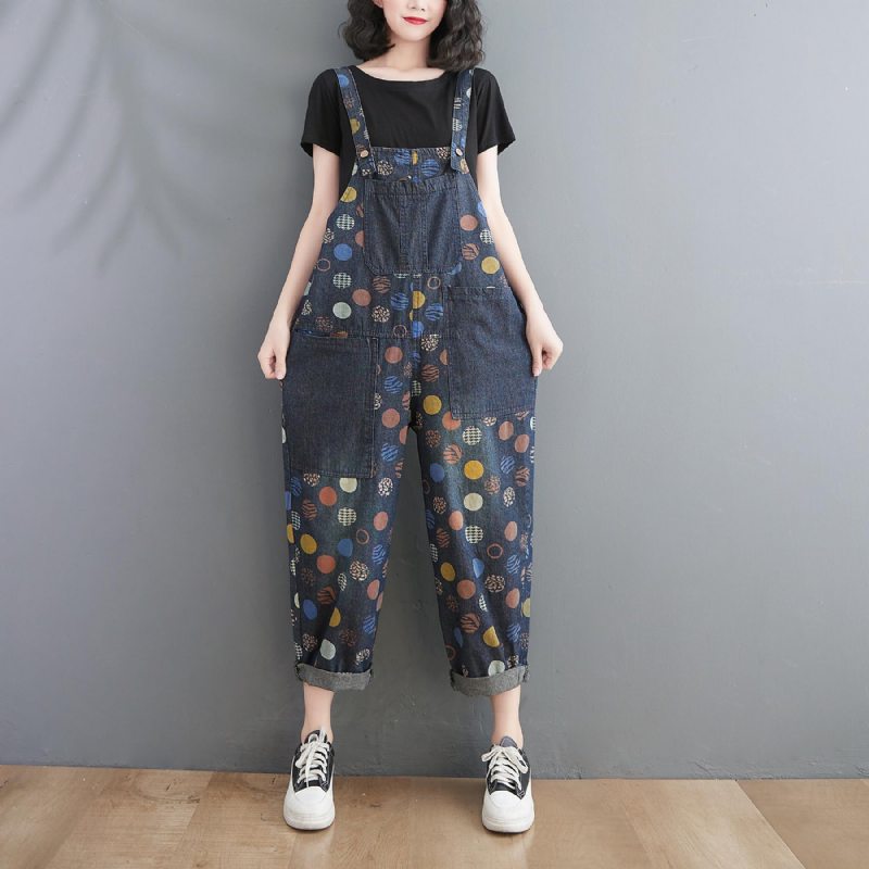 Femme Printemps Eté Rétro Pots Loose Denim Harem Jumpsuit