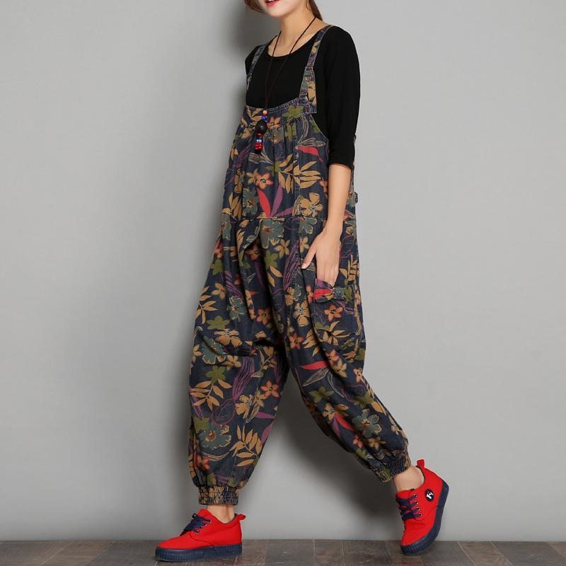 Printemps Automne Imprimé Denim Floral Casual Combinaisons