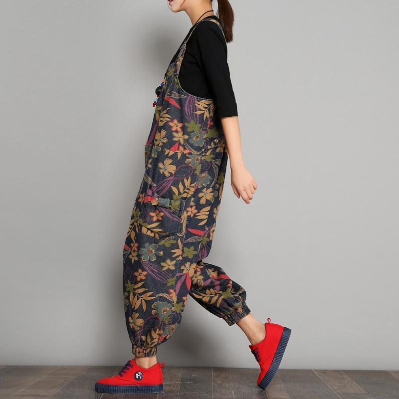 Printemps Automne Imprimé Denim Floral Casual Combinaisons