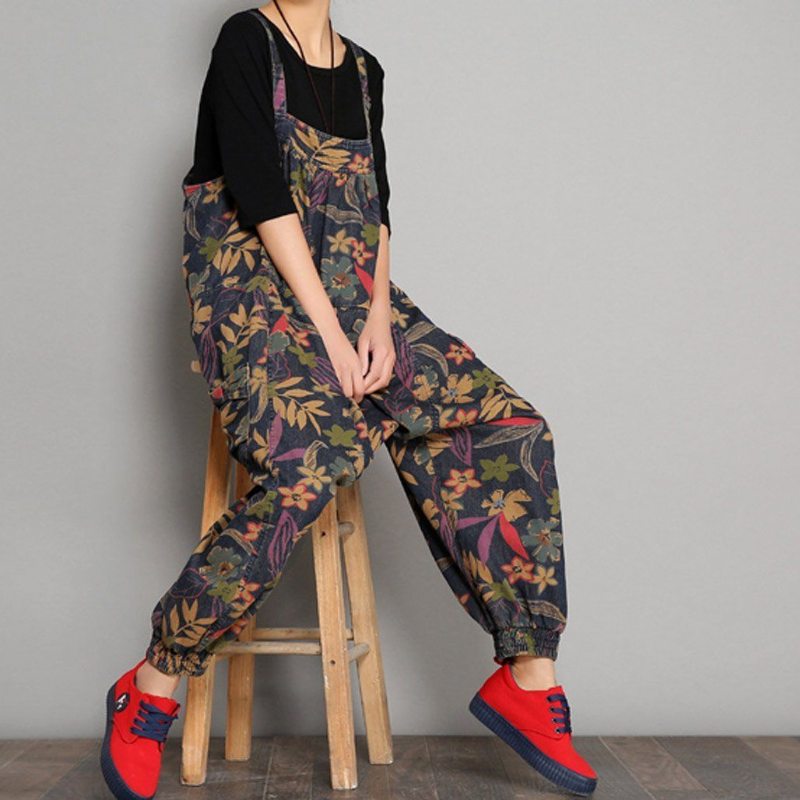 Printemps Automne Imprimé Denim Floral Casual Combinaisons