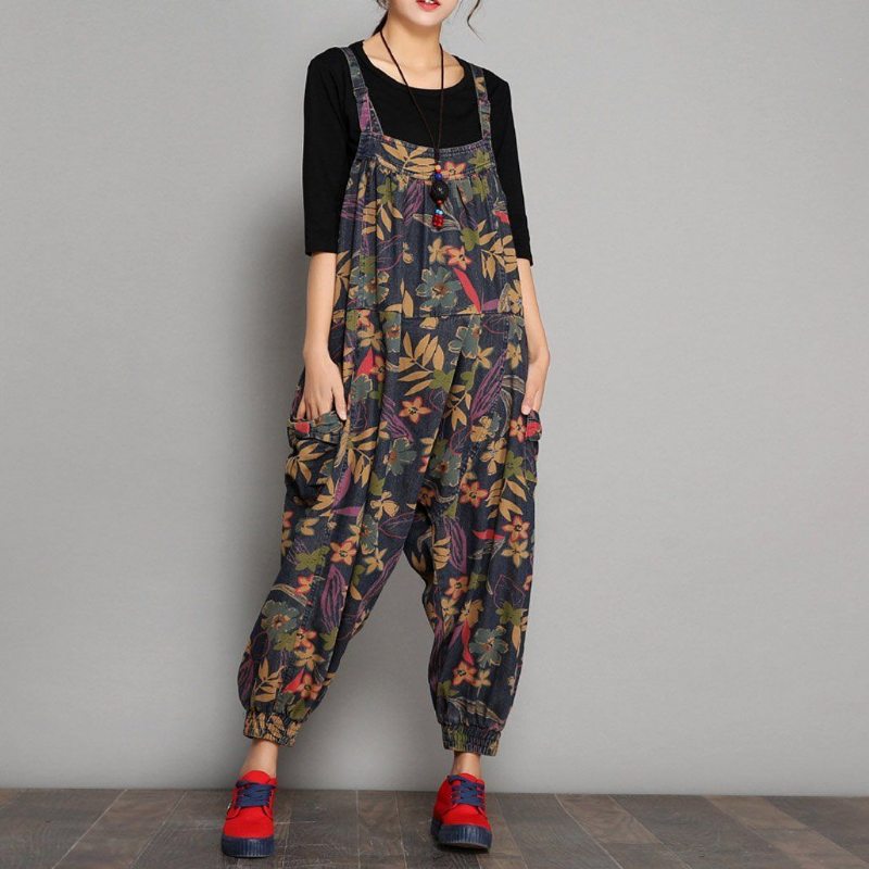 Printemps Automne Imprimé Denim Floral Casual Combinaisons