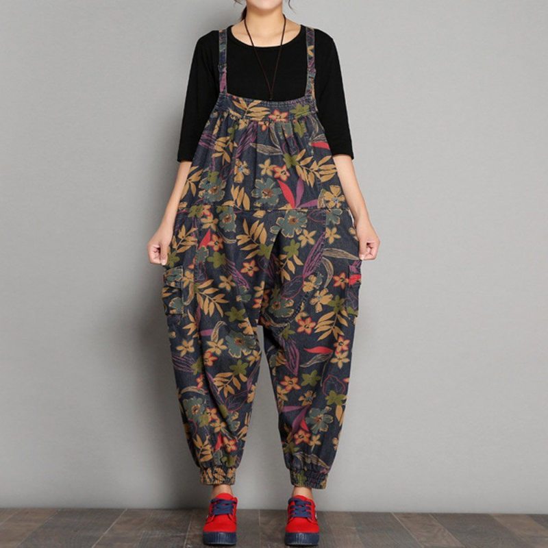 Printemps Automne Imprimé Denim Floral Casual Combinaisons