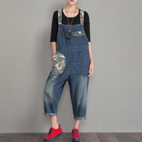 Spring Autumn Denim Loose Retro Patch Jumpsuit