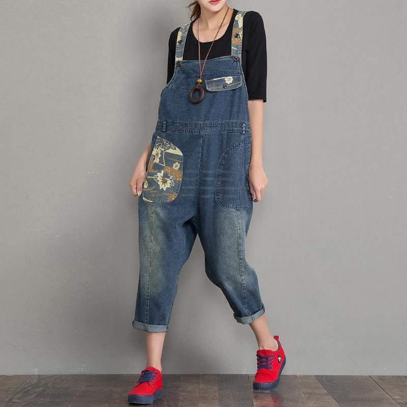 Spring Autumn Denim Loose Retro Patch Jumpsuit