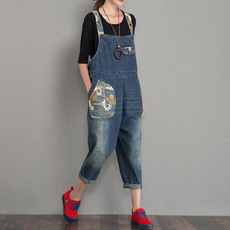 Spring Autumn Denim Loose Retro Patch Jumpsuit