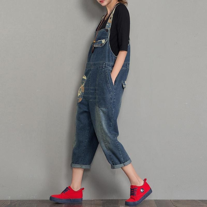 Spring Autumn Denim Loose Retro Patch Jumpsuit