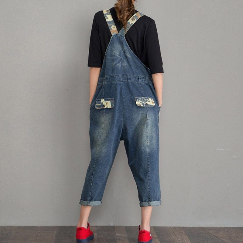 Spring Autumn Denim Loose Retro Patch Jumpsuit