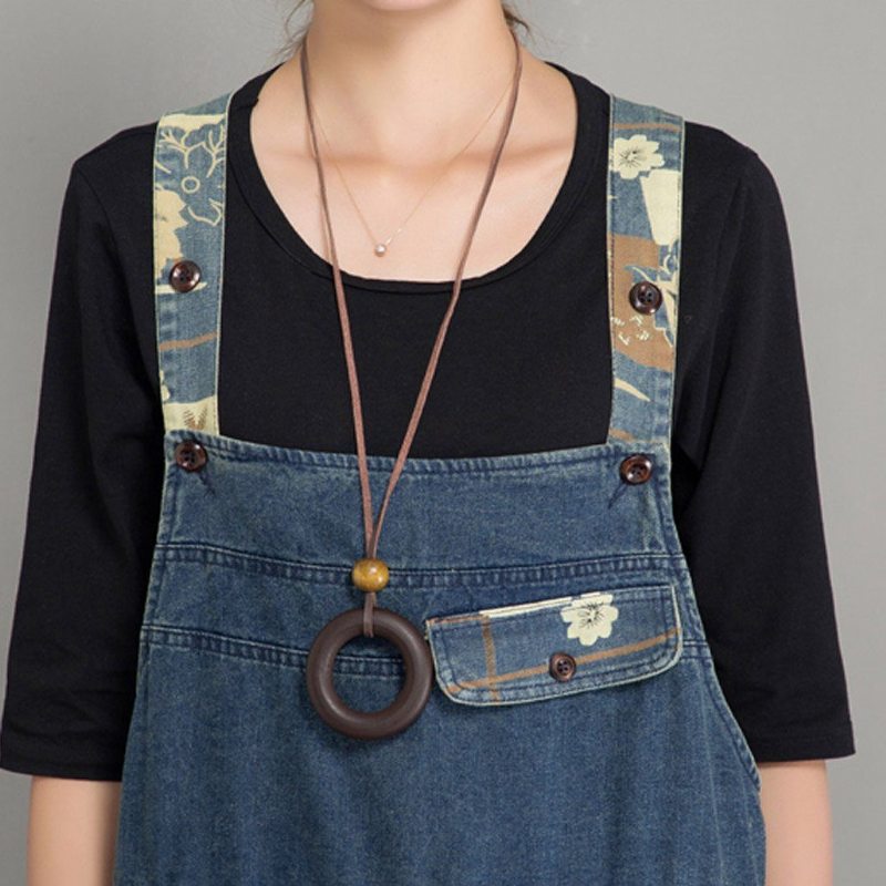 Spring Autumn Denim Loose Retro Patch Jumpsuit