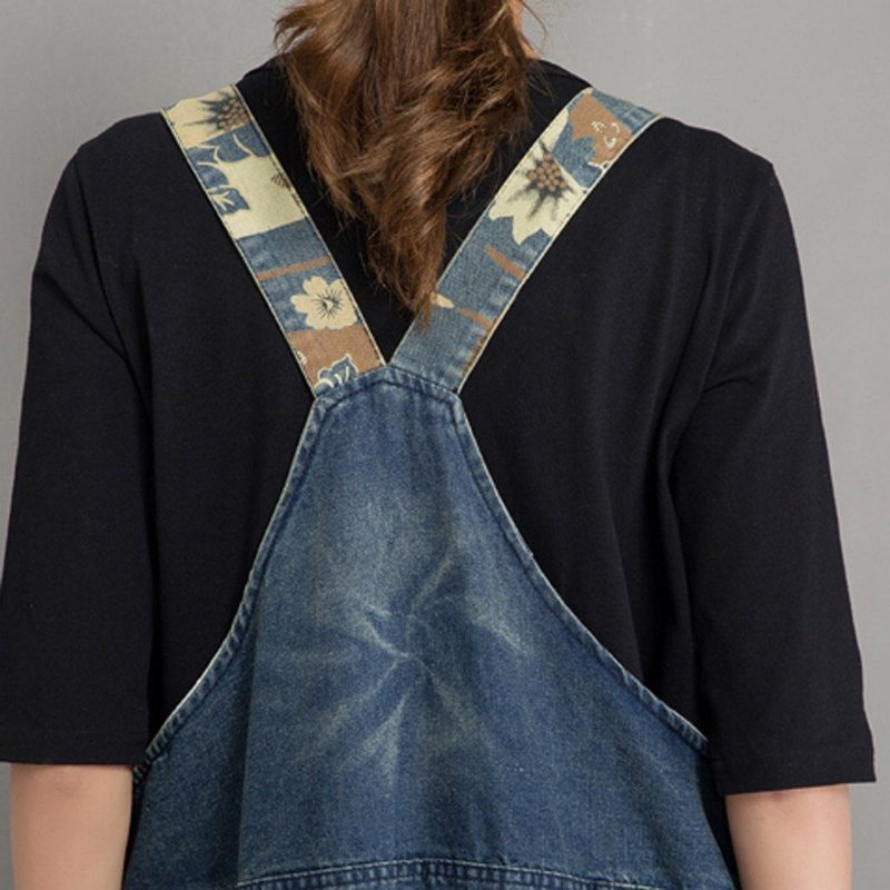 Spring Autumn Denim Loose Retro Patch Jumpsuit