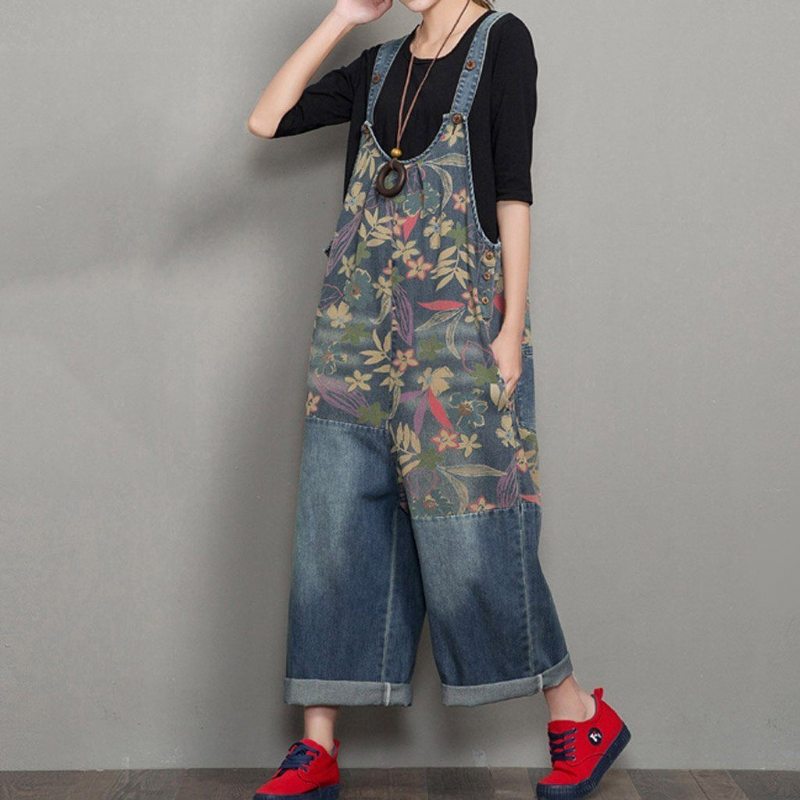 Spring Autumn Denim Wide Leg Loose Retro Straight Jumpsuit