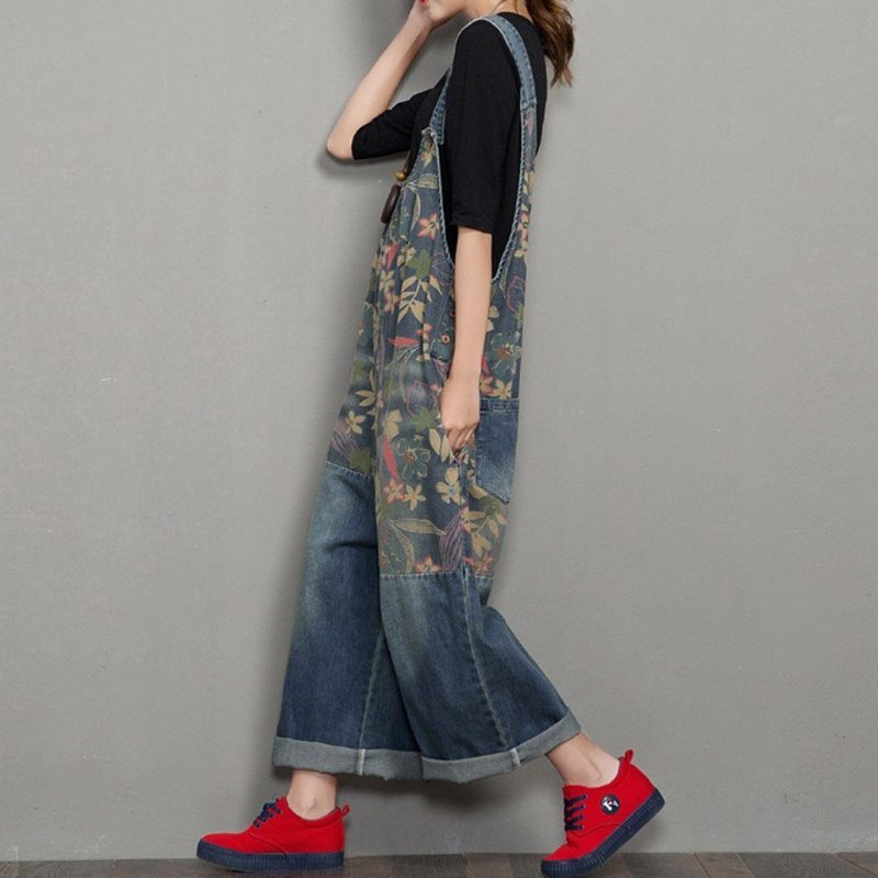 Spring Autumn Denim Wide Leg Loose Retro Straight Jumpsuit