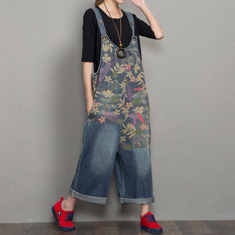 Spring Autumn Denim Wide Leg Loose Retro Straight Jumpsuit