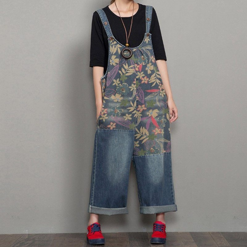 Spring Autumn Denim Wide Leg Loose Retro Straight Jumpsuit