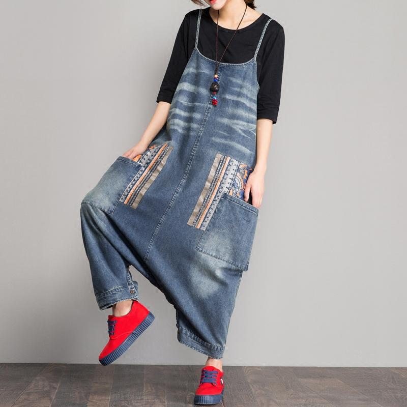 Spring Denim Bib Loose Crotch Strap Jumpsuit