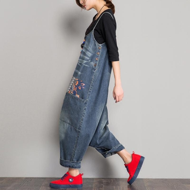 Spring Denim Bib Loose Crotch Strap Jumpsuit