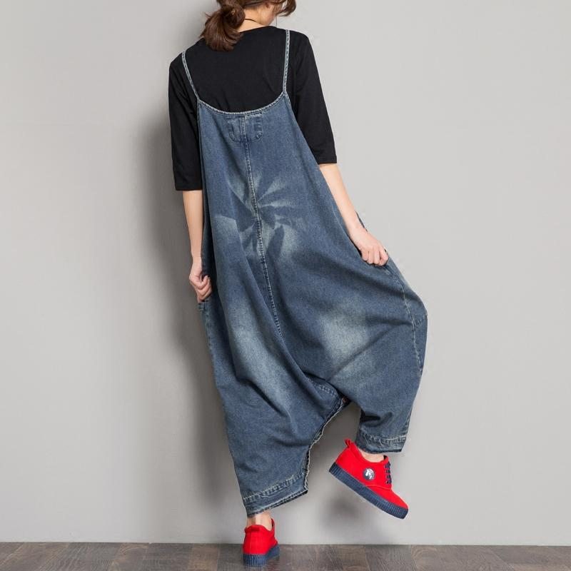 Spring Denim Bib Loose Crotch Strap Jumpsuit