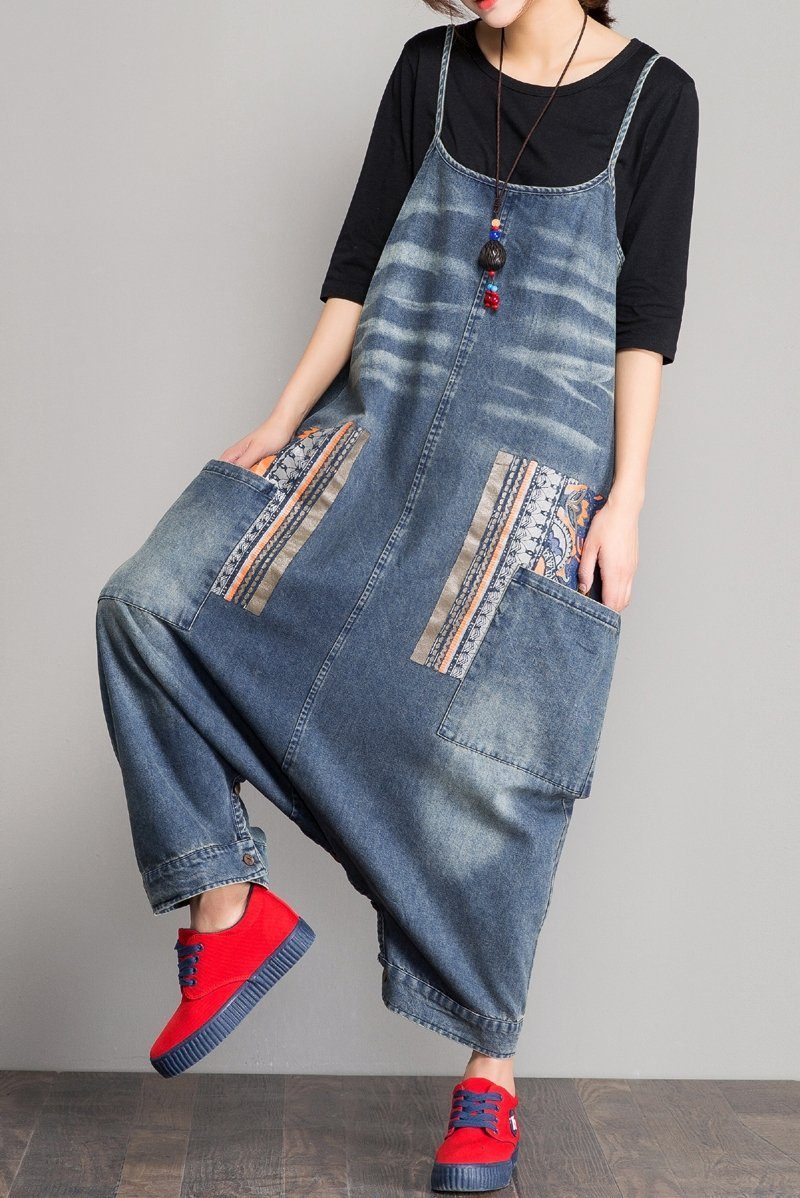 Spring Denim Bib Loose Crotch Strap Jumpsuit