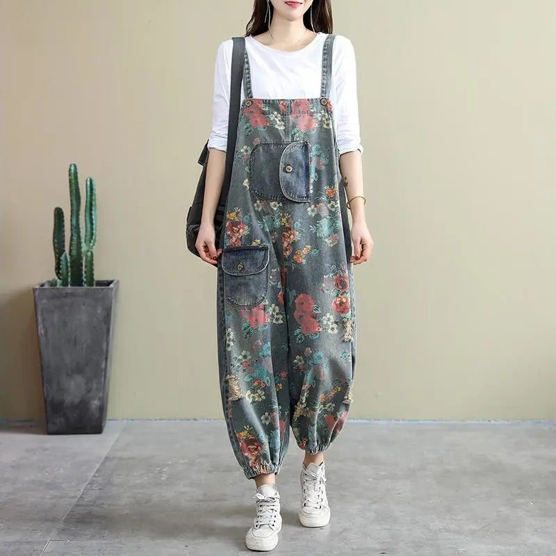 Spring Loose Floral Ripped Pockets Cotton Denim Jumpsuit