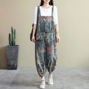 Spring Loose Floral Ripped Pockets Cotton Denim Jumpsuit