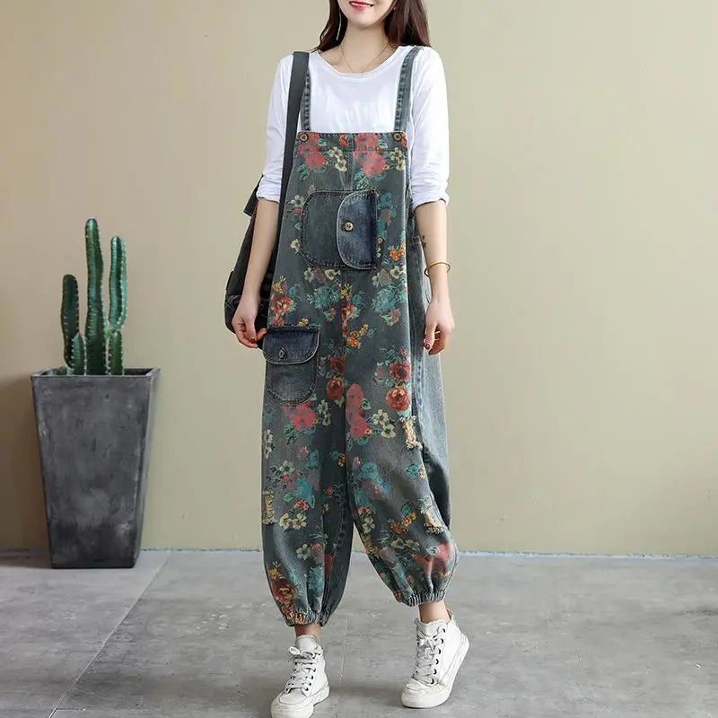 Spring Loose Floral Ripped Pockets Cotton Denim Jumpsuit