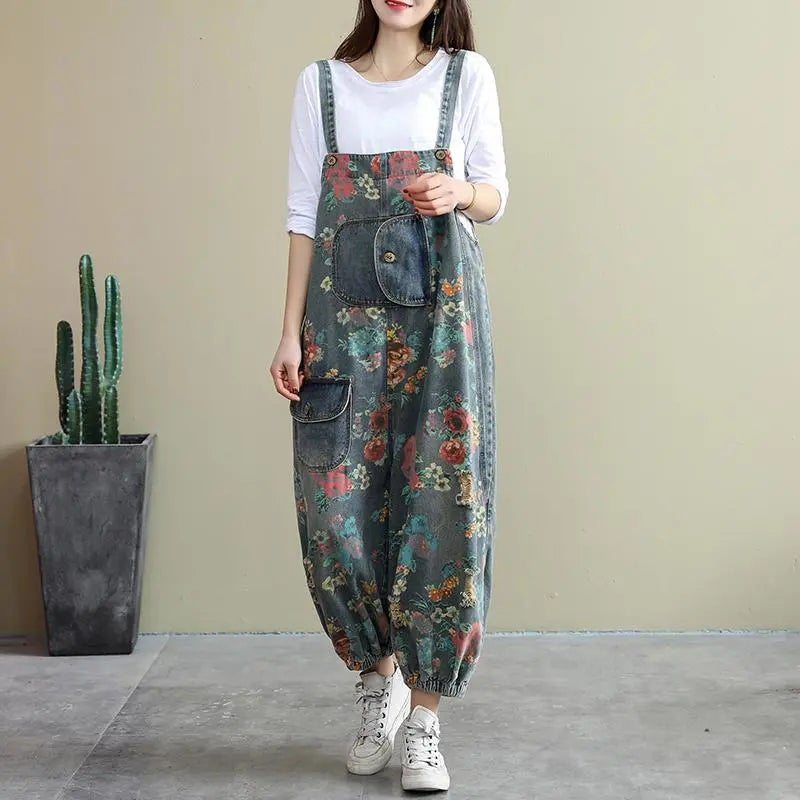 Spring Loose Floral Ripped Pockets Cotton Denim Jumpsuit