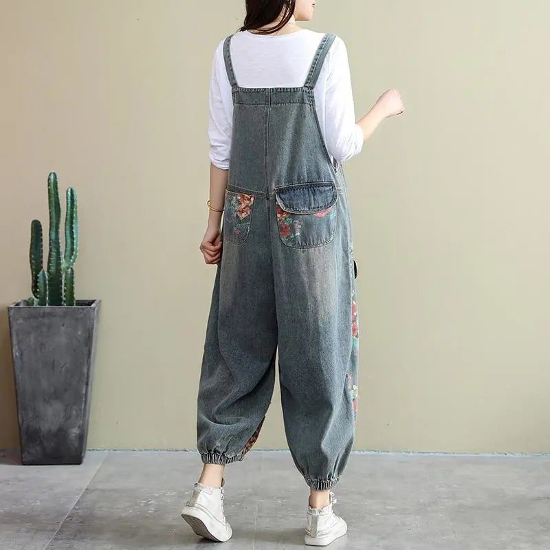 Spring Loose Floral Ripped Pockets Cotton Denim Jumpsuit