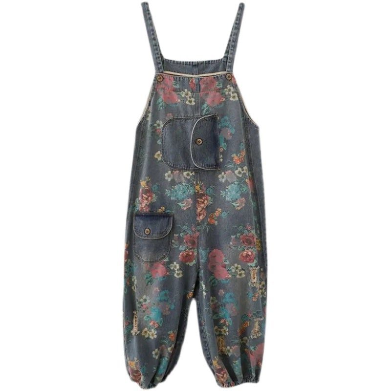 Spring Loose Floral Ripped Pockets Cotton Denim Jumpsuit