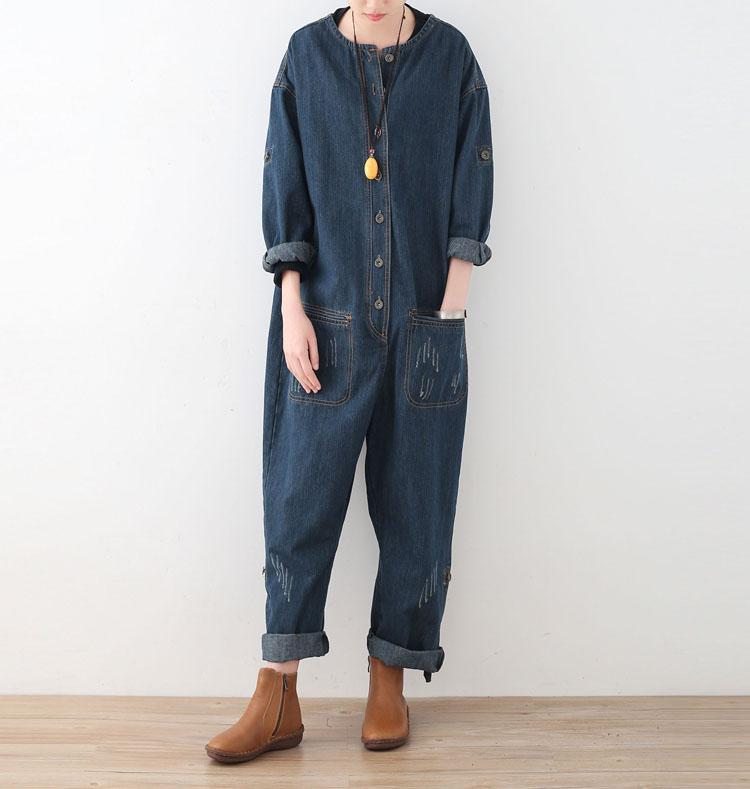 Spring Loose Large Size Long Sleeve Blue Denim Cotton Tooling Jumpsuits