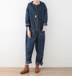 Spring Loose Large Size Long Sleeve Blue Denim Cotton Tooling Jumpsuits