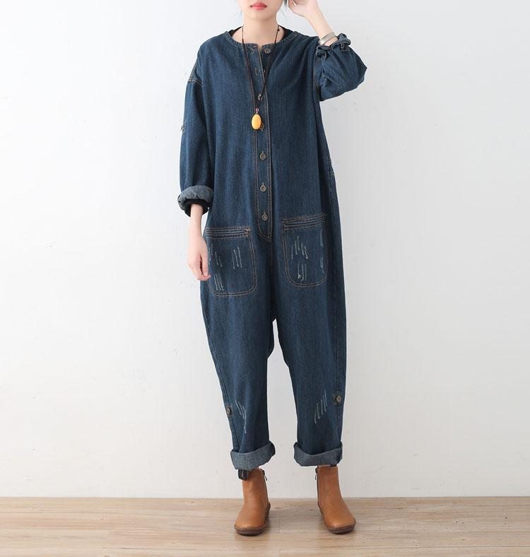 Spring Loose Large Size Long Sleeve Blue Denim Cotton Tooling Jumpsuits