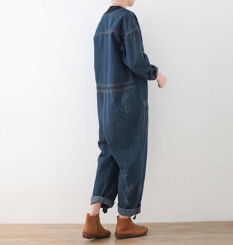 Spring Loose Large Size Long Sleeve Blue Denim Cotton Tooling Jumpsuits