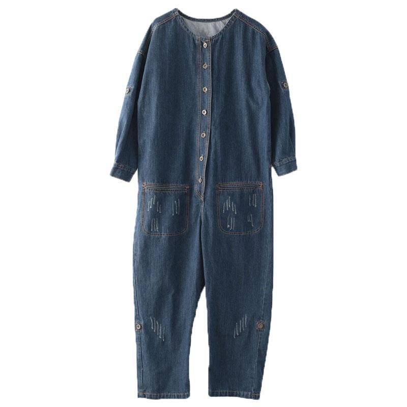 Spring Loose Large Size Long Sleeve Blue Denim Cotton Tooling Jumpsuits