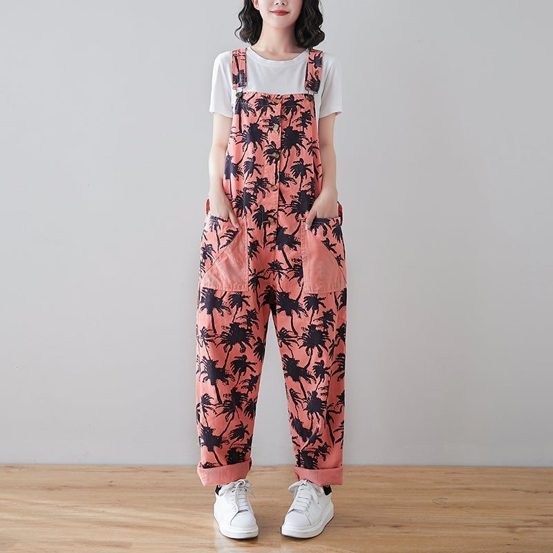 Spring Retro Plants Print Loose Denim Jumpsuit