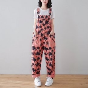 Spring Retro Plants Print Loose Denim Jumpsuit