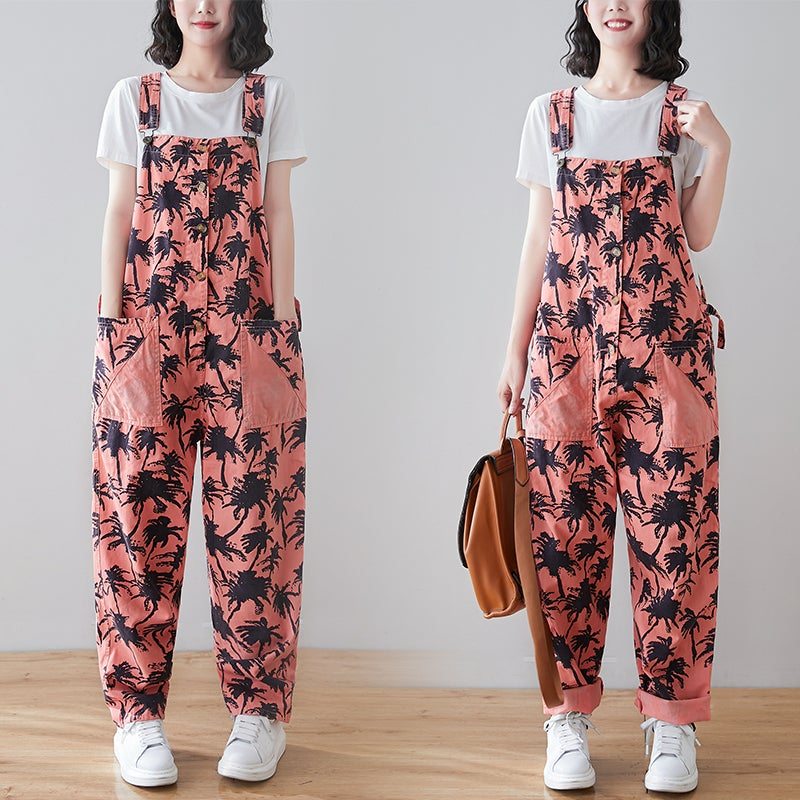 Spring Retro Plants Print Loose Denim Jumpsuit