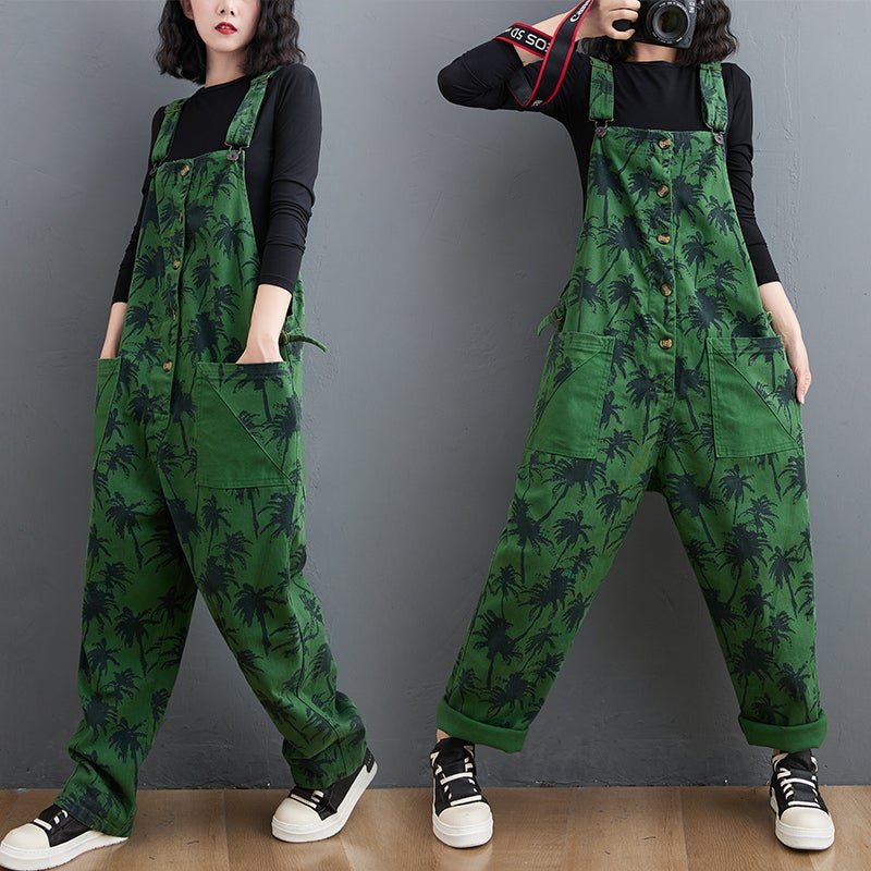 Spring Retro Plants Print Loose Denim Jumpsuit