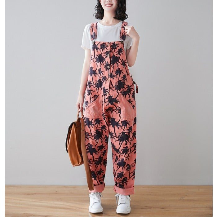 Spring Retro Plants Print Loose Denim Jumpsuit