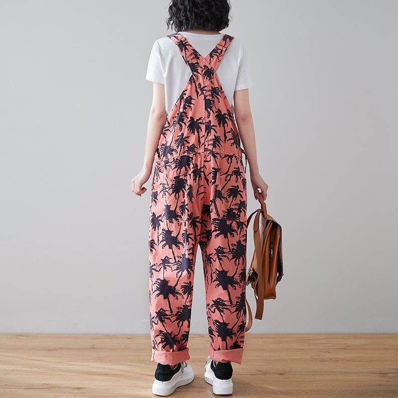 Spring Retro Plants Print Loose Denim Jumpsuit